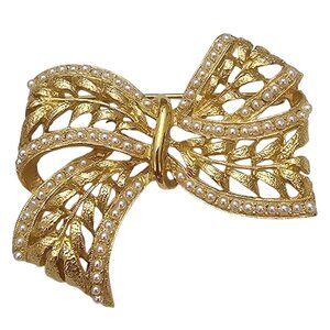 Gold Tone Laurel Leaf Bow Brooch, Faux Seed Pearl Pin, Designer Style C847